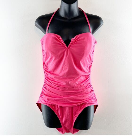 Tommy Bahama Halter Ruched V Cut One Piece Swimsuit Pink 12 - Picture 1 of 7